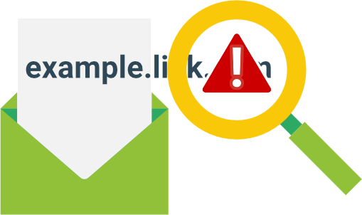 Magnifying glass over warning triangle over a link